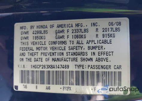 2008 Honda Accord 2.4 Lx z USA, uszkodzony, nr VIN 1HGCP263X8A147469
